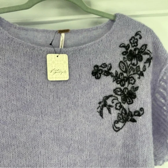 Free People Purple Embroidered Alpaca Blend Cropped Pointelle Knit Sweater S NWT - Picture 5 of 10